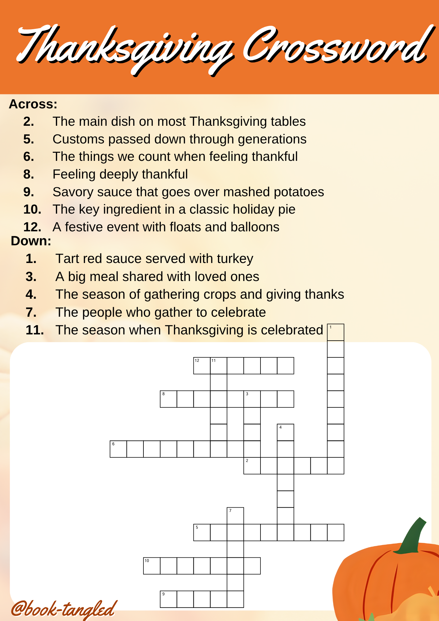 Thanksgiving Game Printable- Crossword 