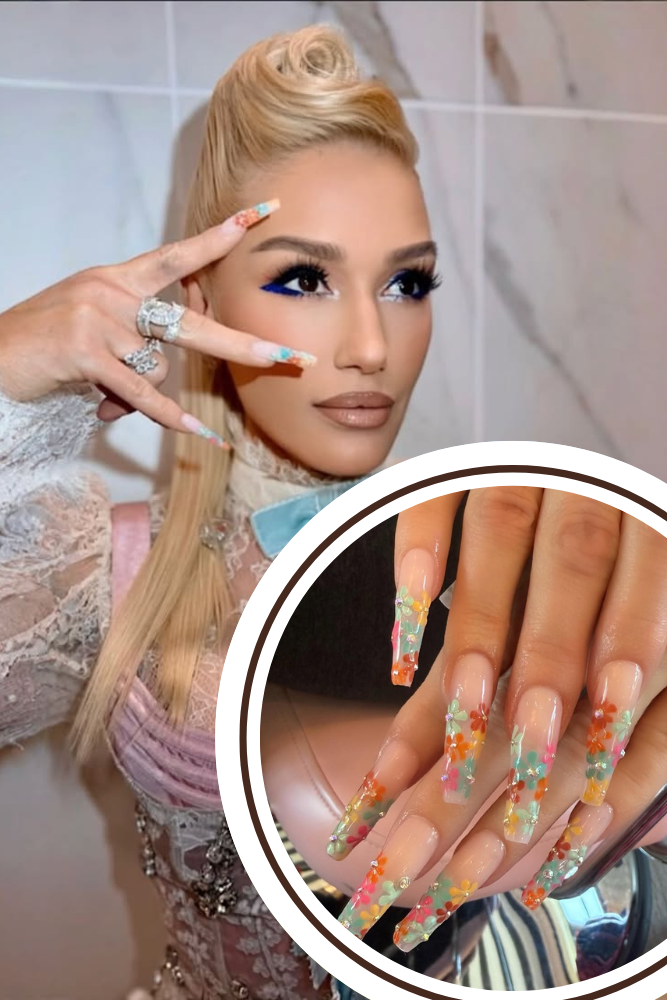 Long Flowers French Nails